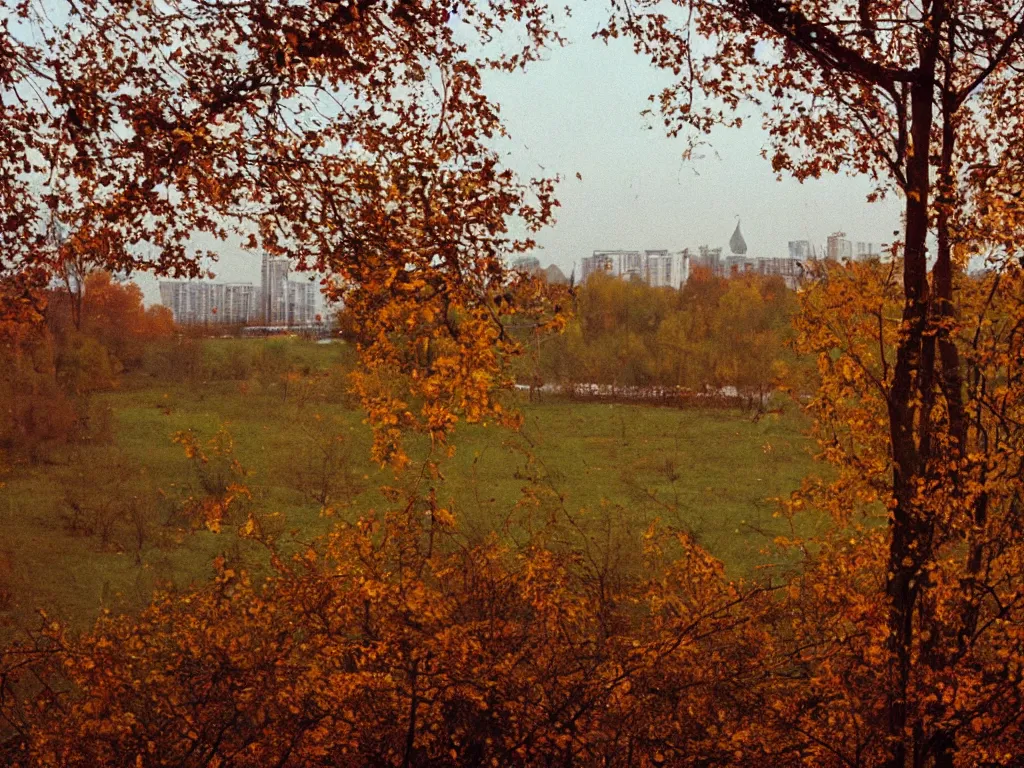 Prompt: a lomographic photo of a view of the outskirts of moscow, autumn, cinestill, bokeh