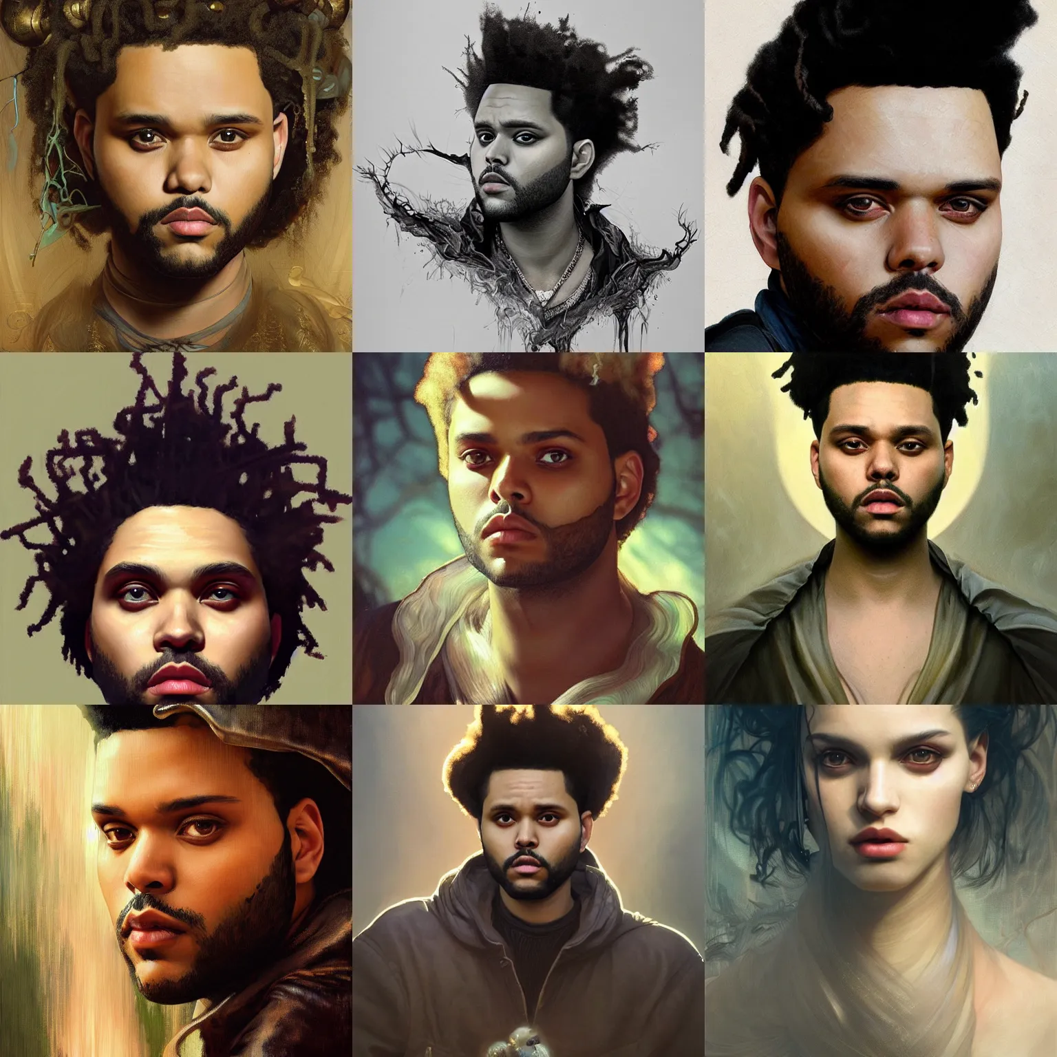 Prompt: Portrait of the Weeknd, unreal, fantasy, intricate, elegant, dramatic, highly detailed, photorealistic, digital painting, painterly, artstation, concept art, smooth, sharp focus, art by John Collier and Krenz Cushart and Artem Demura and Alphonse Mucha and Albert Aublet