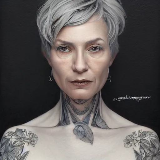 Image similar to portrait of a middle aged artsy woman, short grey hair, tattoo, avangarde, unique, artistic soul, nature, plants, wool, upper body, long hair, intricate, elegant, highly detailed, digital painting, artstation, concept art, matte, sharp focus, illustration, art by artgerm and greg rutkowski and alphonse mucha