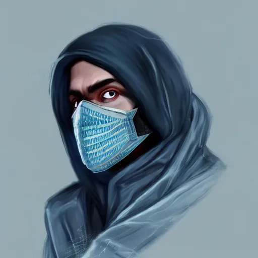 Image similar to a highly detailed, portrait of a man with black hair with a black medical mask, in a hood in the form of a blue shark with white teeth, artstation, DeviantArt, professional, octane render, digital art