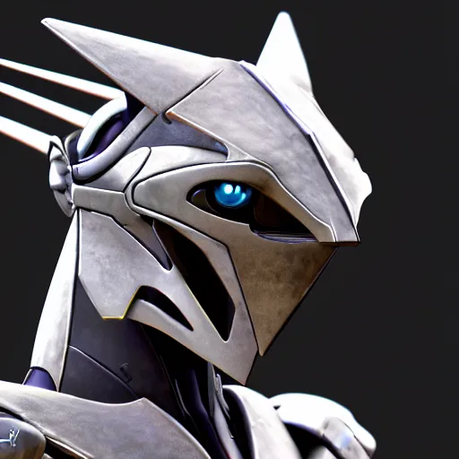 Image similar to close up bust of a cute stunning robot anthropomorphic female dragon, with sleek silver armor, a facial visor over the eyes, detailed digital art, furry art, anthro art, sci fi, warframe art, destiny art, high quality, 3D realistic, Furaffinity, Deviantart