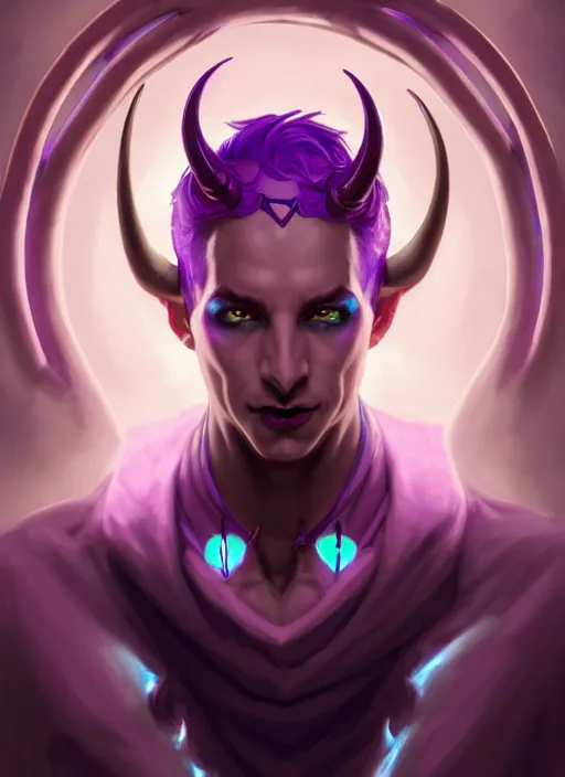 Image similar to symmetry!! portrait of a feminine mischievous trickster male purple and teal skinned tiefling with demon horns and piercings bard, glowing lights!! intricate, elegant, highly detailed, digital painting, artstation, concept art, smooth, sharp focus, illustration, art by artgerm and greg rutkowski and alphonse mucha