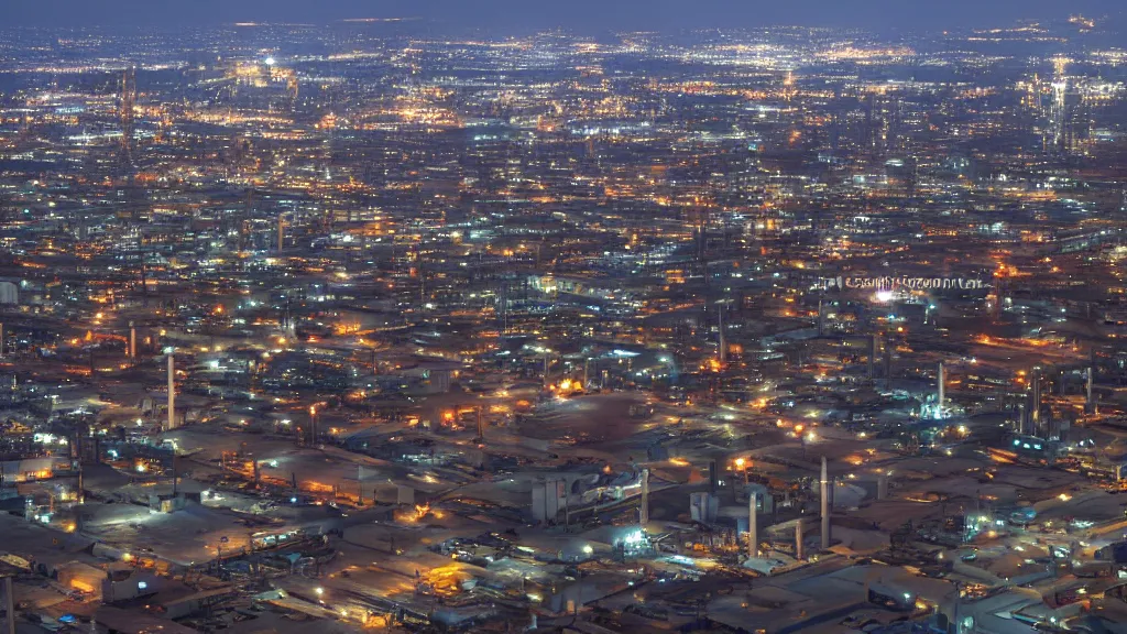 Prompt: High angle shot of a vast industrial area. Smoke rises in the air. It is nighttime. Buildings are visible in the background.