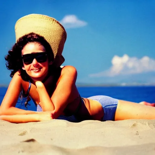 Image similar to pretty woman sunbathing on the beach with a nuclear explosion in the background