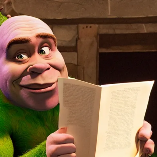 Image similar to behind the scenes photo of Shrek reading the script before a scene