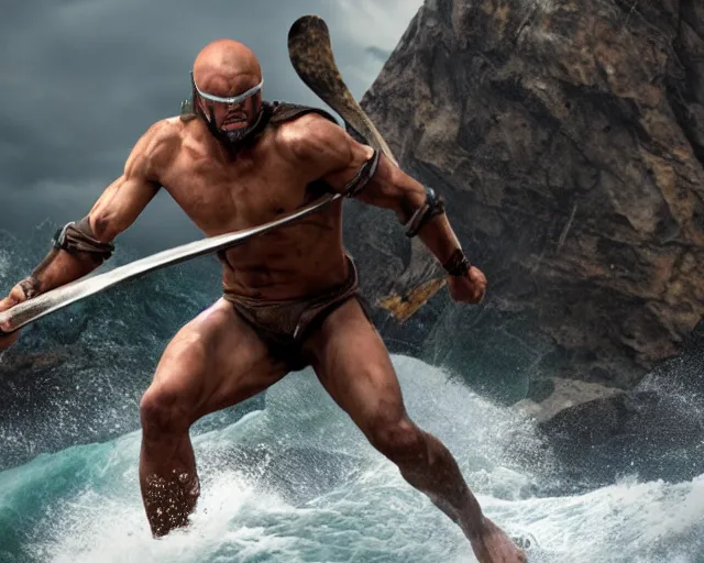 Image similar to single spartan with surfing waves, epic award winning action cinematic still from the movie 3 0 0, 8 k, global illumination, detailed face, muscles, rim highlights, hyper realistic, stunning waves, happy vibes