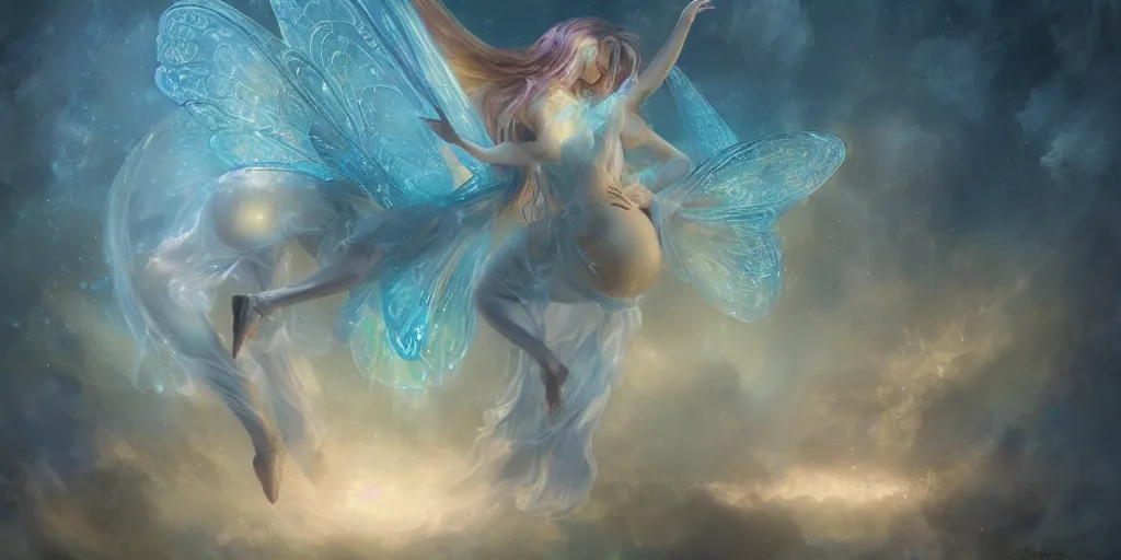 Prompt: concept art of translucent glowing curvy fairy dancing booty, renaissance, flowy, melting, round moons, rich clouds, very detailed, volumetric light, mist, fine art, textured oil over canvas, epic fantasy art, very colorful, ornate intricate scales, skulls, fractal gems, 8 k, hyper realistic, high contrast