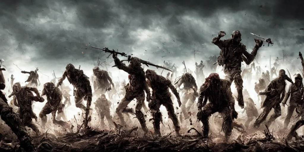 Image similar to epic battle scene of zombies, post-apocalyptic, post-human, Epic Background, highly detailed, sharp focus, 8k, 35mm, cinematic lighting