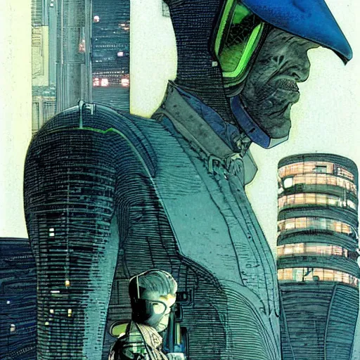 Image similar to Digital portrait of a scientist by Enki bilal and Moebius and francois Schuiten, cyberpunk, impressive perspective, aesthetic, masterpiece