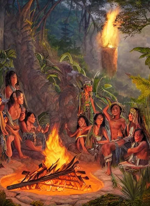 Prompt: a beautiful matte painting of an indigenous tribe around a fire in the jungle, fantasy art