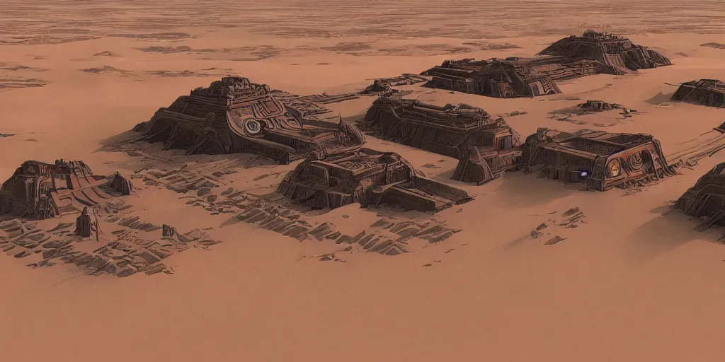 Prompt: dune city and temples of arrakis, arrakeen, from frank herbert novels, composition idea concept art for movies, style of denis villeneuve and greg fraiser