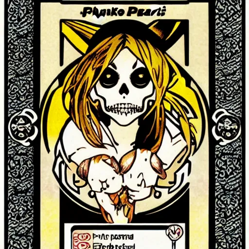 Prompt: anime manga skull portrait of pikachu pokemon tarot style by Alphonse Mucha pop art nouveau