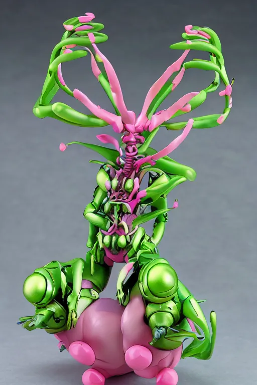 Prompt: a fat bubbly super detailed anime figurine with fluo color detail, and muted arm colors, that looks like a insect, surrounded by plastic synthetic ionized metal flower sculptures