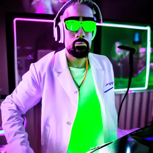 Image similar to the goat dj in a white jacket, retrowave, neon light,