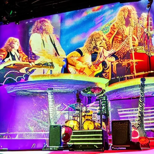 Prompt: led Zeppelin on a stage made of candy, 8k photographic realness, amazing fineline detail