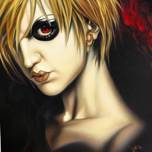 Prompt: detailed portrait of emo britney spears anime death note intricate, hyper detailed, realistic, oil painting, by julie bell, frank frazetta, cinematic lighting