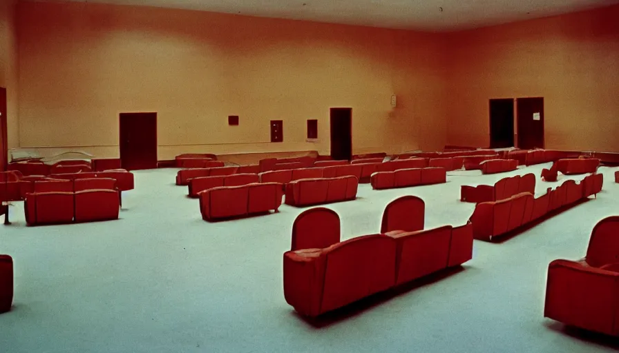 Image similar to 60s movie still of a sovietic stalinist style empty ballroom with beds, cinestill 800t 50mm eastmancolor, liminal Space style, heavy grain-s 150