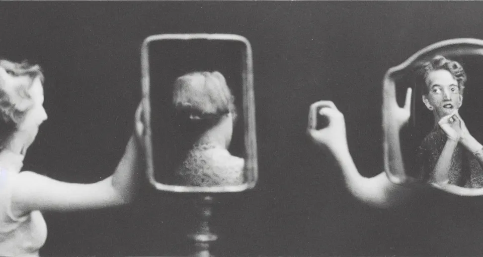 Prompt: vintage photo of a person looking into a mirror and a friend frightening creature is looking back at them