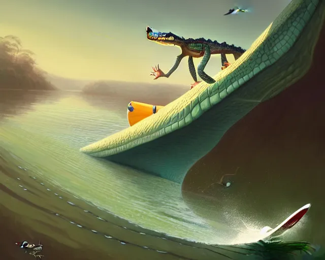 Prompt: a crocodile surfing on a longboard, tube wave, funny cartoonish, by gediminas pranckevicius h 7 0 4 and greg rutkowski, humanoid crocodile, 8 k cartoon illustration, impressive perspective, trending on artstation