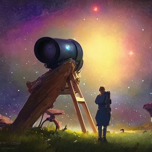 Image similar to modern binocular telescope looking at the starry sky, hearthstone coloring style, artwork by greg rutkowski, epic fantasy style art, fantasy epic digital art