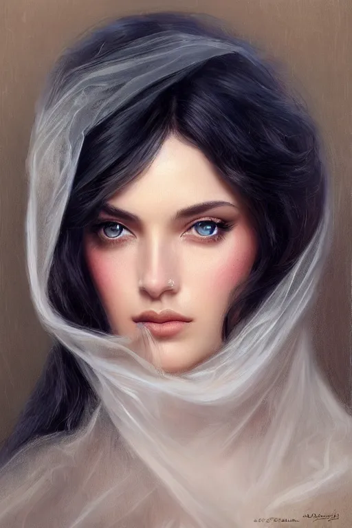 Prompt: Ameera al-Taweel, blue eyes, long wavy black hair, white veil, closeup, focus face, elegant, highly detailed, centered, oil painting, artstation, concept art by tom bagshaw