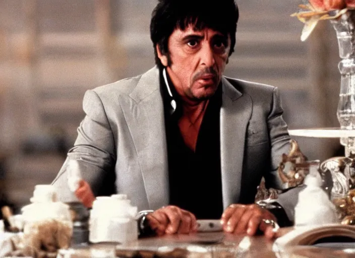 Image similar to tony montana from movie scarface 1 9 8 3 sitting behind a big black oak table with big large packages of flour. long shot. al pacino. perfect symmetric face, coherent eyes, fine details, 4 k, ron cobb. last scene from scarface movie