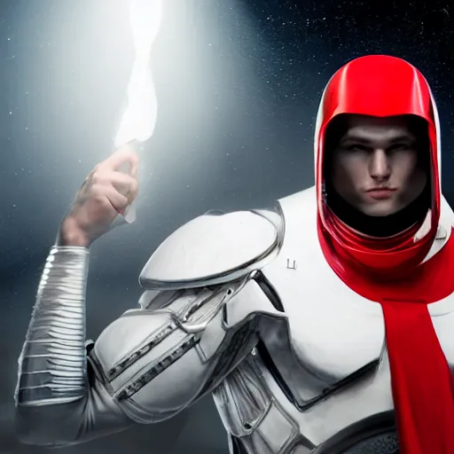 Image similar to headshot of a tall athletic muscular infantry man in glossy sleek white armor with tiny red details and a long red cape, heroic posture, strong jawline, on the surface of mars, night time, dramatic lighting, cinematic, sci-fi, hyperrealistic