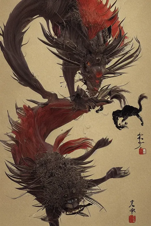 Image similar to a japanese devil animal illustrated by miyazaki by karol bak, james jean, tom bagshaw, rococo, sharp focus, trending on artstation, cinematic lighting, hyper realism, octane render, 8 k, hyper detailed, vivid, ultra detailed, highly detailed