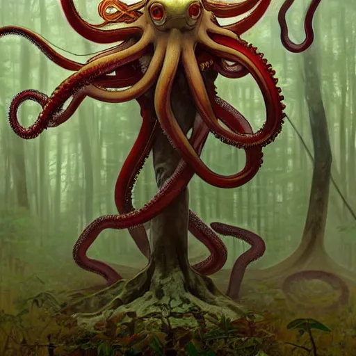 Prompt: photo of vladimir lenin and octopus hybrid with tentacles in the forest, highly detailed, digital painting, artstation, smooth, sharp focus, illustration, art by artgerm and greg rutkowski and alphonse mucha