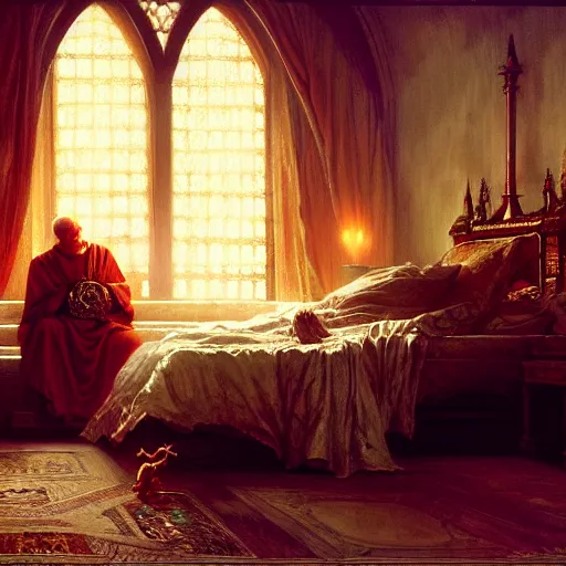 Prompt: the catholic pope in his bed, scared, because a horned demon is attacking the pope. highly detailed painting by gaston bussiere, greg rutkowski, craig mullins 8 k