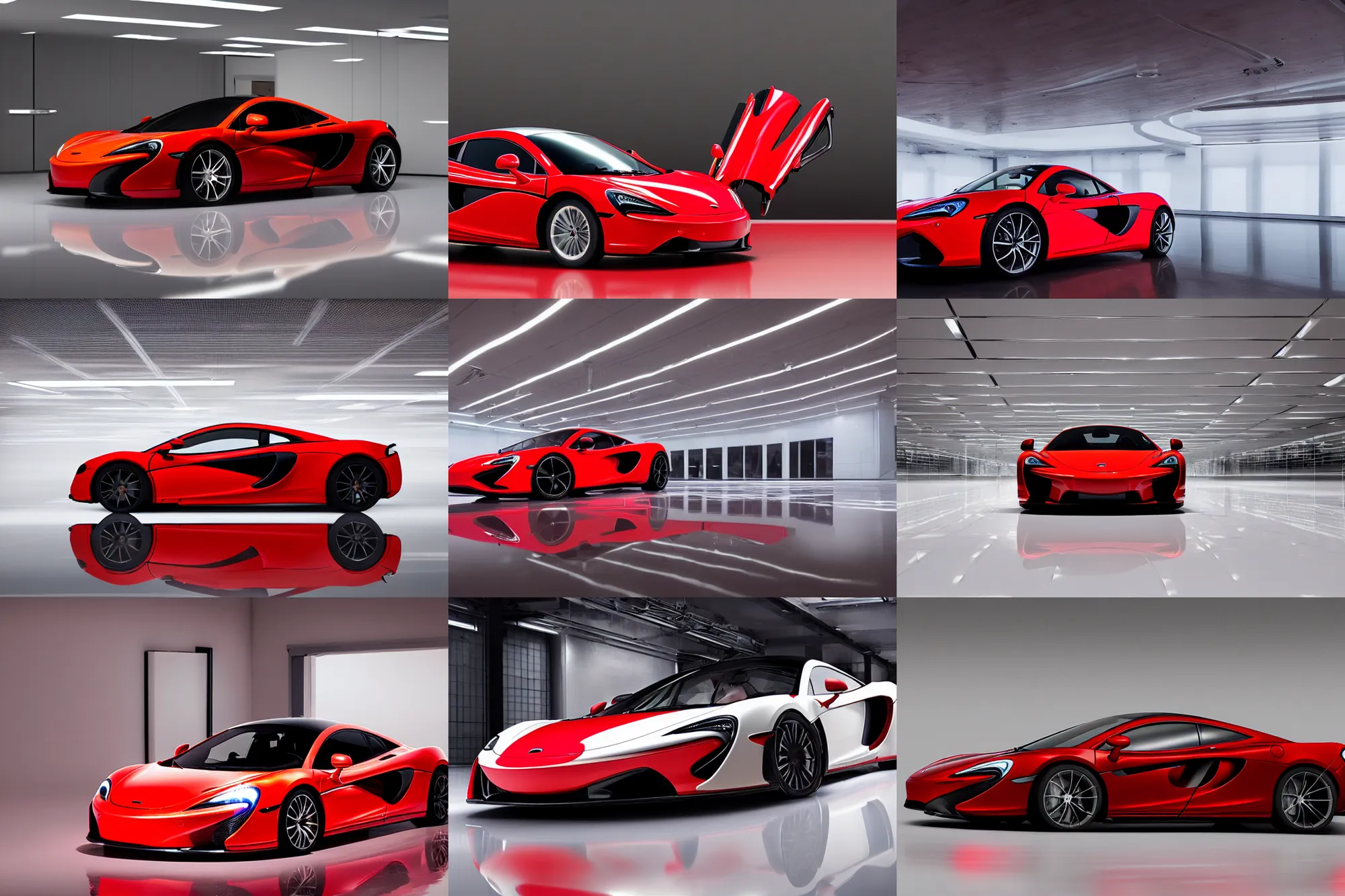 Image similar to a red mclaren standing in a white void with a reflective white floor, reflective car, realistic, intricate, white light