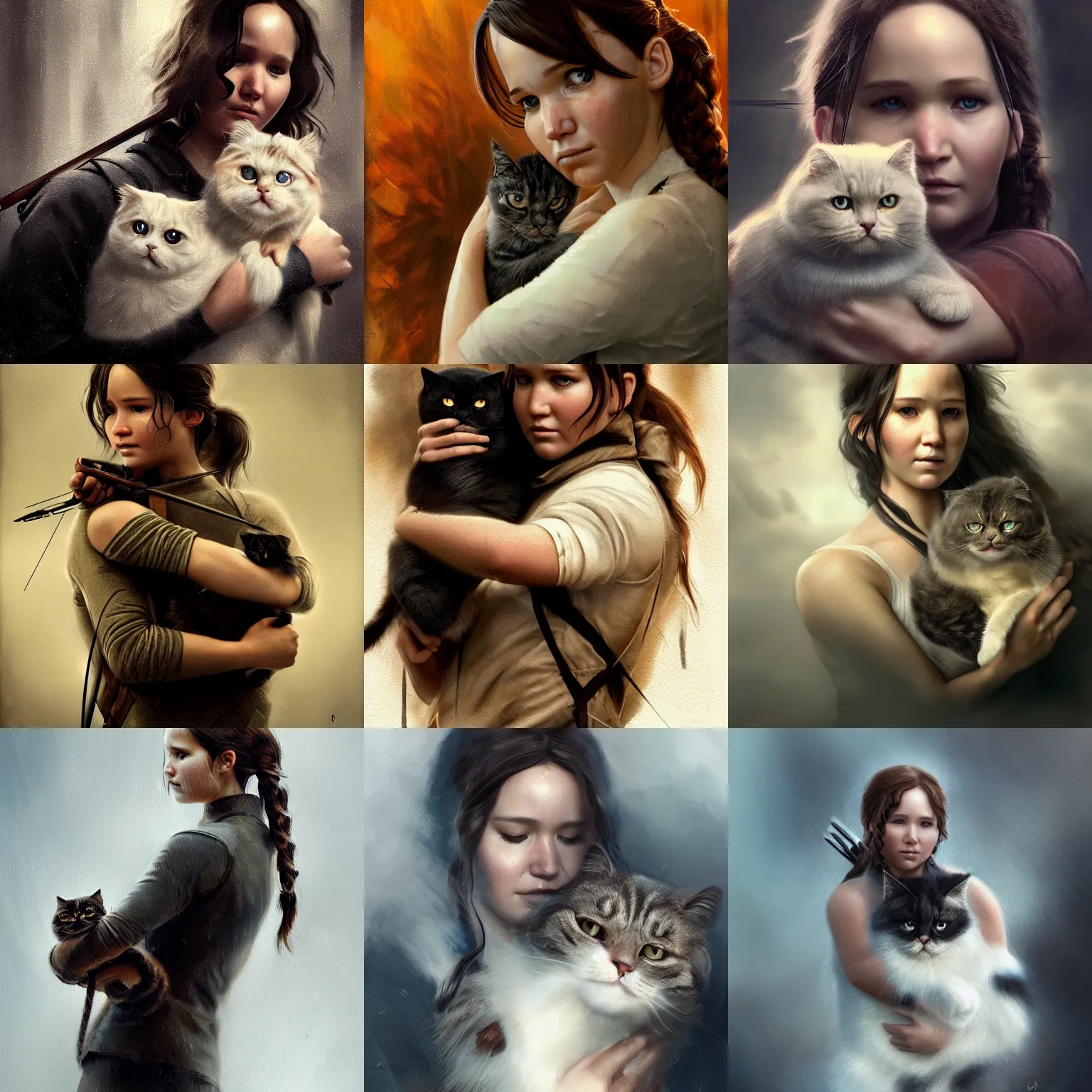 Prompt: Katniss Everdeen cradling a Scottish Fold Cat in her arms, closeup of arms, digital portrait by Greg Rutkowski, intricate, sharp focus, cinematic, epic, artstation