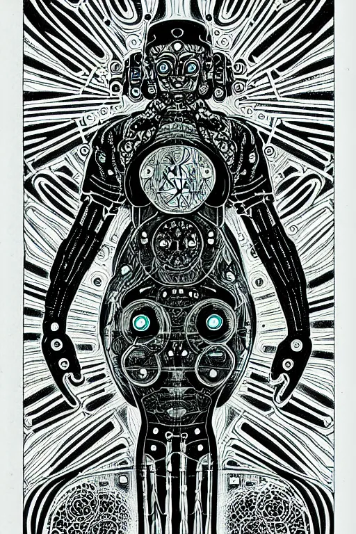 Prompt: a black and white drawing of awakened chakra android cyberpunk being, bioluminescence, a detailed mixed media collage by eduardo paolozzi and ernst haeckel, intricate linework, sketchbook psychedelic doodle comic drawing, geometric, deconstructivism, matte drawing, academic art, constructivism