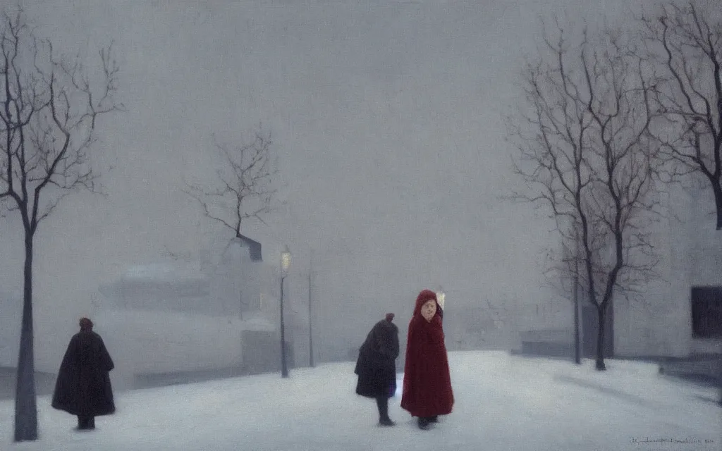 Image similar to a painting of sad little redhead lady in a winter street in norway, oil on canvas, by hammershoi