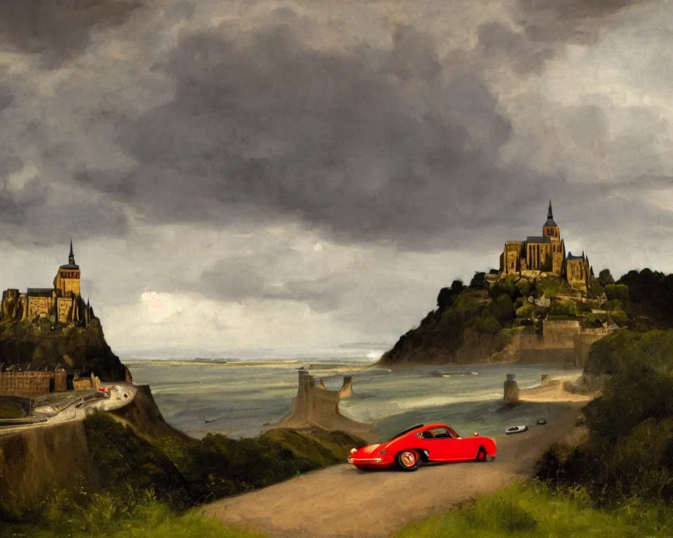 Prompt: a magnificent oil painting of a classic Porsche on a cliffside road near Mont Saint-Michel , during a thunderstorm, by Raphael and Hopper.