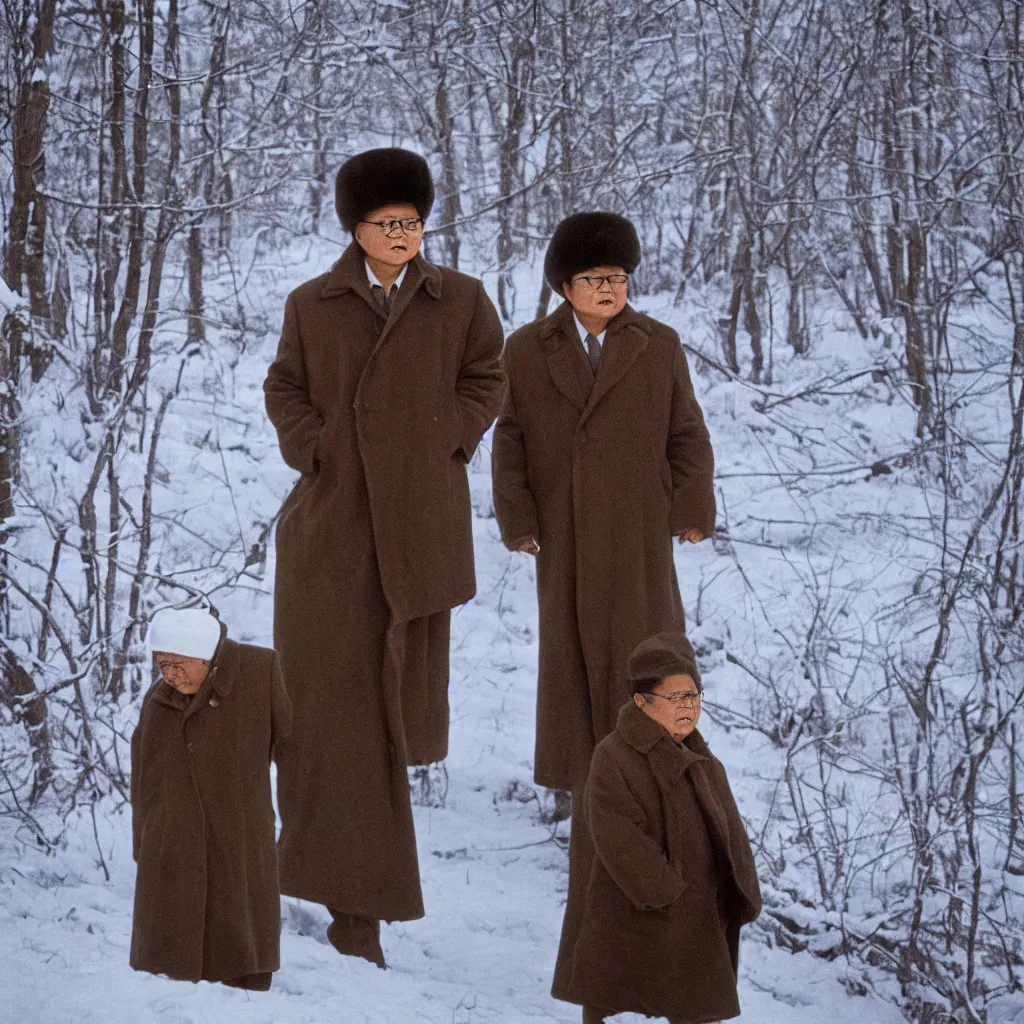 Prompt: filmstill of Kim Jong-il wearing a furry chapka and playing the role of Omar Sharif in Doctor Zhivago by David Lean, man in furry coat, cold Russian landscape, snow and trees, minimal composition, 1965, cinemascope, Eastman Color Negative 50T 5251 Neg. Film, epic romance