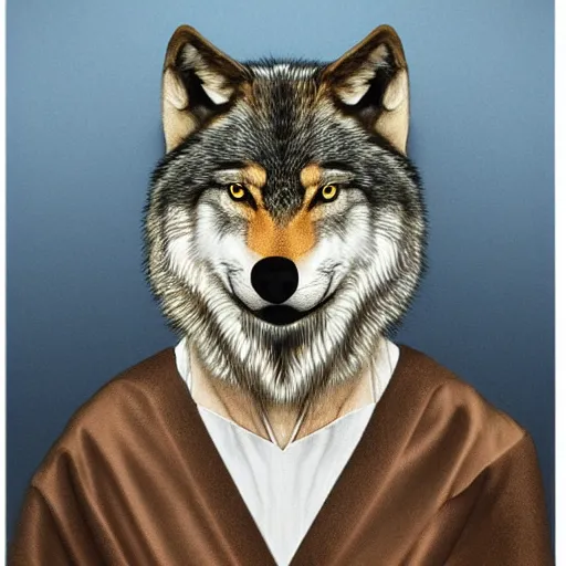 Prompt: award-winning. hyper-realistic. Anthropomorphic wolf in ceremonial robes. Portrait.