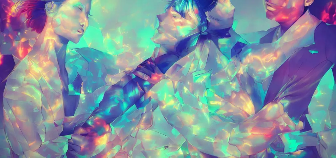 Image similar to xray photoshoot of couple hand holding, colourful vfx art, art by hsiao - ron cheng & james jean - presented as magazine collage style, volumetric light, colourful, sharp, detailed, digital painting, illustration, illustration, magazine collage, highly detailed, intricate detail, unreal engine, octae render, pinterest, behance, art station