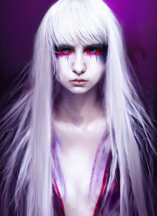 Image similar to hair whitebangs hair, black cyberlox, portrait of normal teenage girl, white bangs, messy bangs, fluffy bangs, cyberlox, whitebangs, red contact lenses, purple background, intricate, elegant, highly detailed, digital painting, artstation, concept art, sharp focus, smooth, illustration, art by wlop, mars ravelo and greg rutkowski