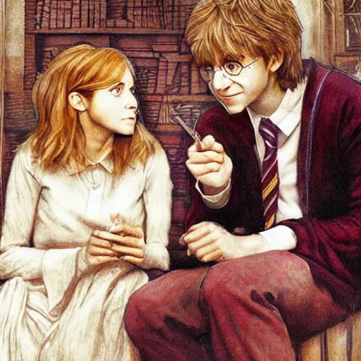 Image similar to Harry Potter Ron and Hermione in the Hogwarts common room, drawn by Mikhail Vrubel, hyper realistic face