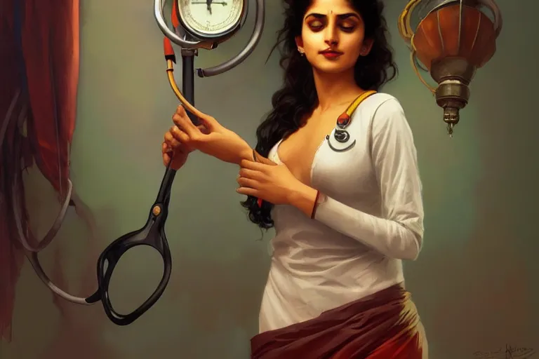 Image similar to sensual pale beautiful indian doctor in jeans with stethoscope, art deco portrait, elegant, intricate, digital painting, artstation, concept art, smooth, sharp focus, illustration, art by artgerm and greg rutkowski and alphonse mucha