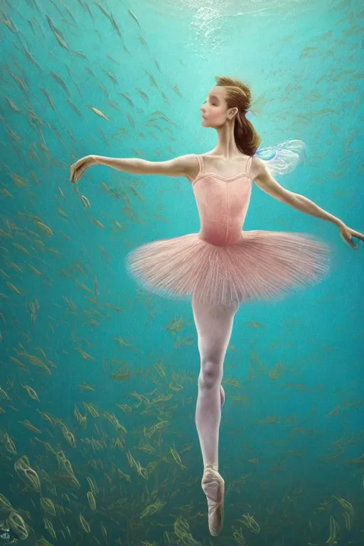 Prompt: ballerina alone at the bottom of the great barrier reef by jaques cousteau, digital art, smooth, focus, highly detailed, hyper realistic, intricate, art by wlop