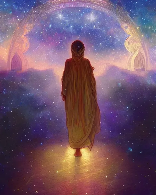 Prompt: bedouin child praying in galaxy walking towards mosque surrounded by nebula, highly detailed, gold filigree, romantic storybook fantasy, soft cinematic lighting, award, disney concept art watercolor illustration by mandy jurgens and alphonse mucha and alena aenami, pastel color palette, featured on artstation