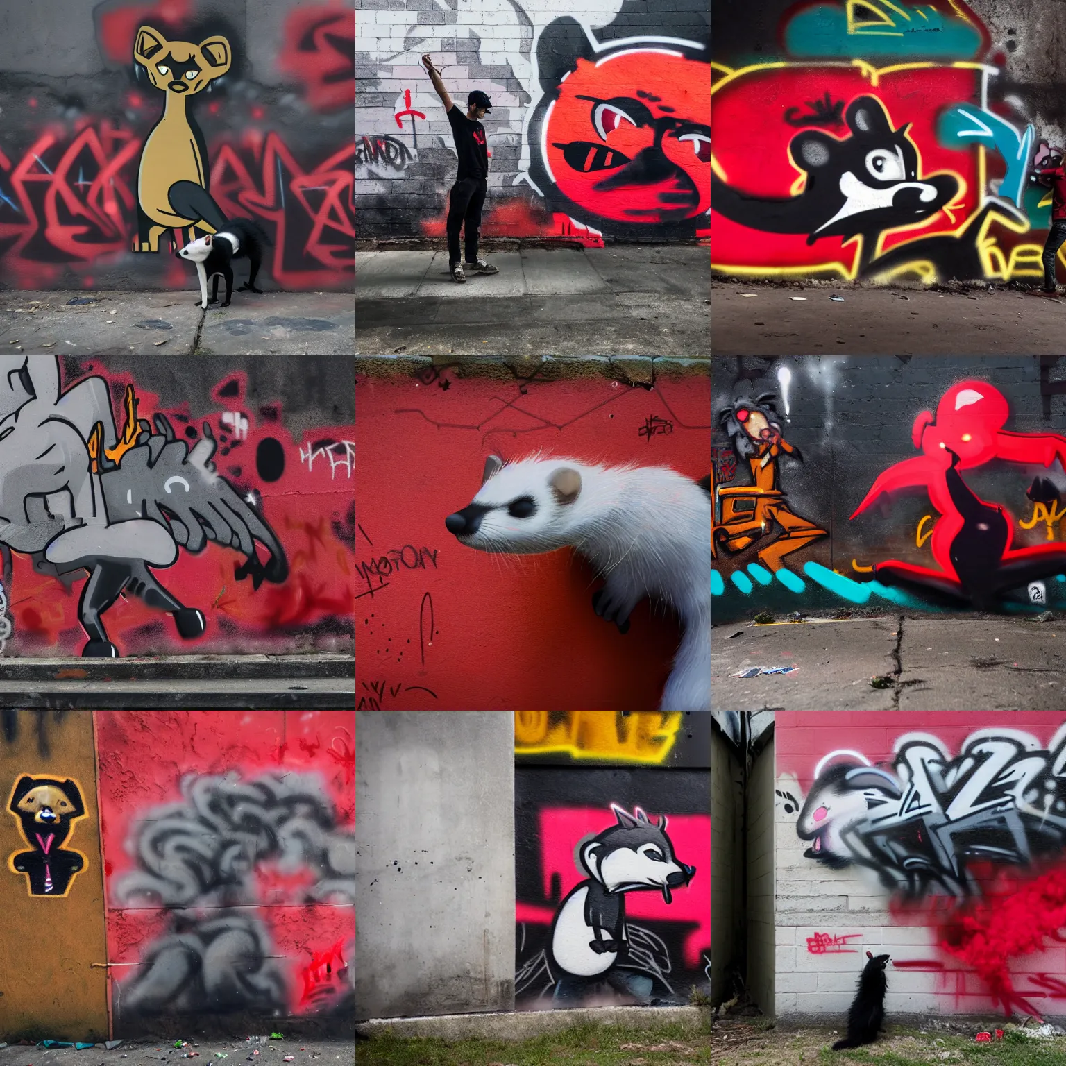 Prompt: photo ( far _ shot ), subject [ furry _ fandom _ fursona _ original _ character ( red - black, anthropomorphic _ humanoid, weasel - ferret - stoat ) ], background ( dark _ smoke, concrete _ wall ), medium [ graffiti ( spray _ paint ) ], location ( favela )