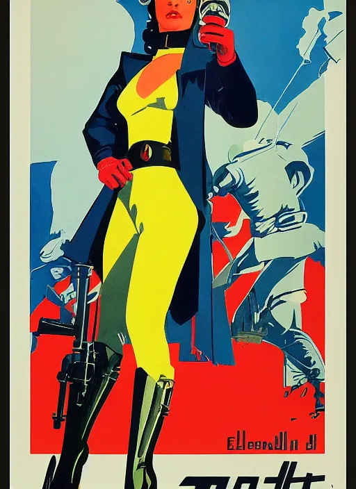 Image similar to soviet propaganda poster. cyberpunk spy. portrait by jean giraud and anton otto fischer and john philip falter and will eisner and gil elvgren