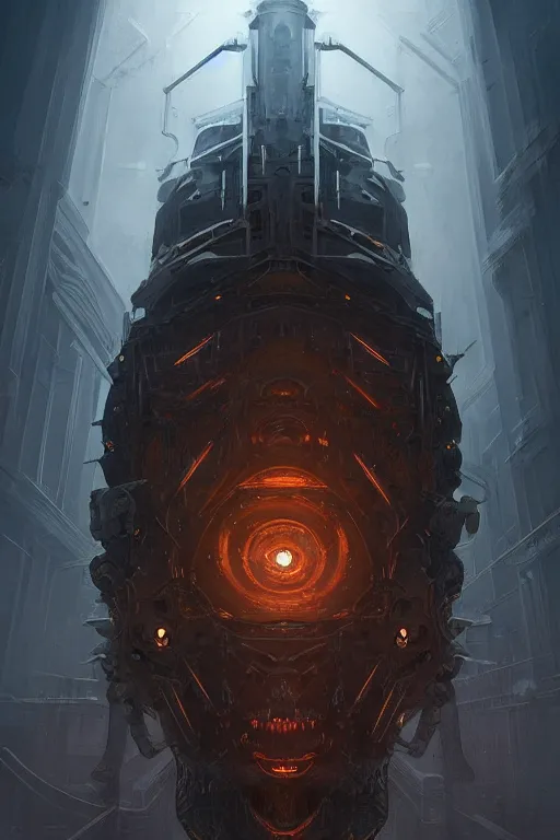 Image similar to professional concept art of a symmetrical! ominous floating mechanical steel terrifying giant monster thing in a dark room by artgerm and greg rutkowski. an intricate, space, elegant, highly detailed digital painting, concept art, smooth, sharp centred focus, illustration, cubism, in the style of cam sykes, wayne barlowe, igor kieryluk.