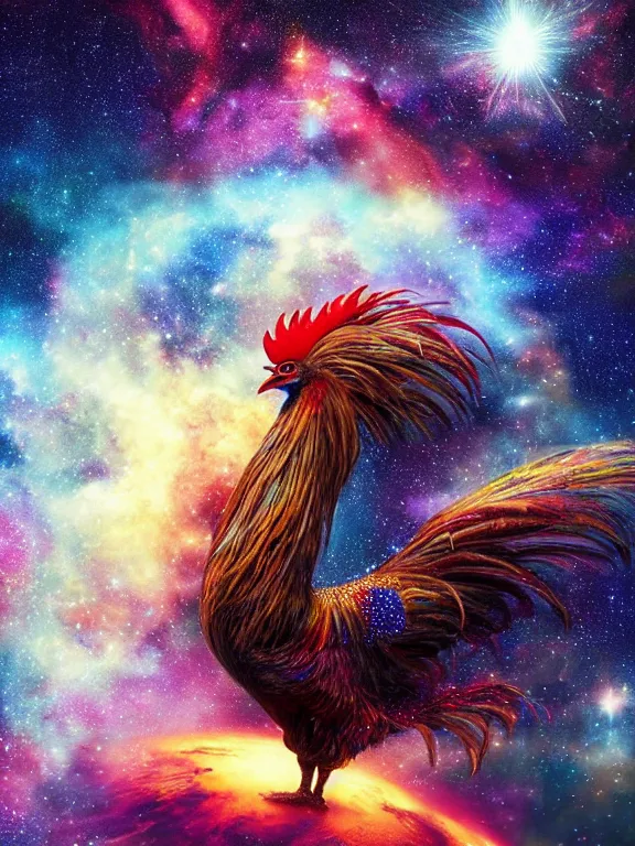 Image similar to a lone giant rooster, centered, floating in space, center of the universe, \ galaxy cosmic nebula, epic, volumetric light, hyperrealistic, glitter, mega detailed, beautiful composition, beautiful lighting, unreal render, 4 k, vincent di fate, john berkey, michael whelan