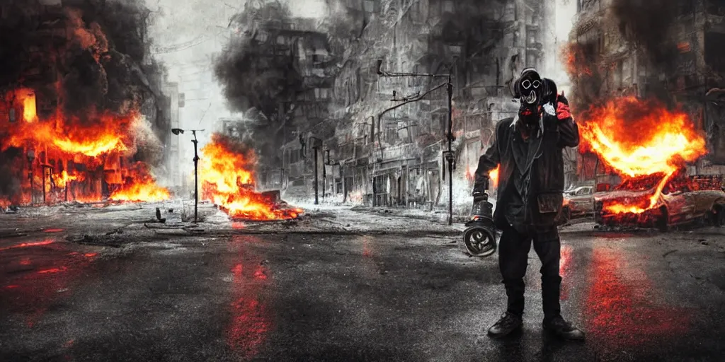 Image similar to post - apocalyptic city streets, close - up shot of an anarchist with a gasmask, burning cars, explosions, colorful smoke, hyperrealistic, gritty, damaged, dark, urban photography, photorealistic, high details