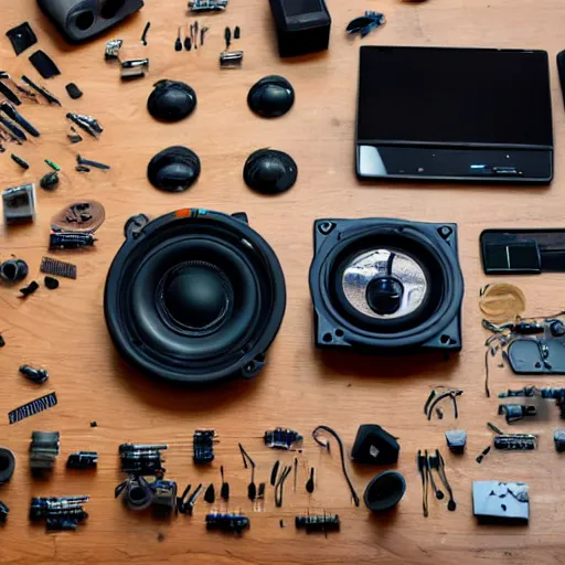 Prompt: a speaker taken apart and all its parts laid out neatly on a table