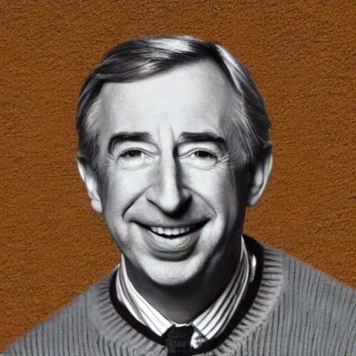 Prompt: headshot photo of Mister Rodgers in his red sweater